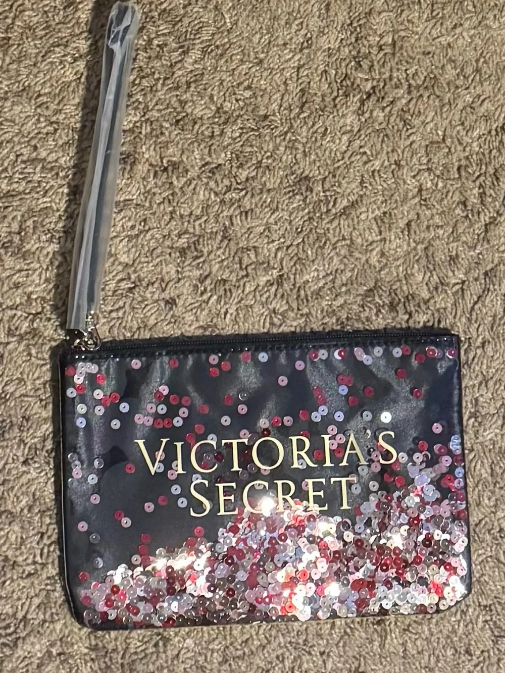 Victoria's Secret Black Sequin Stripe Tote with Pink and Red Accents